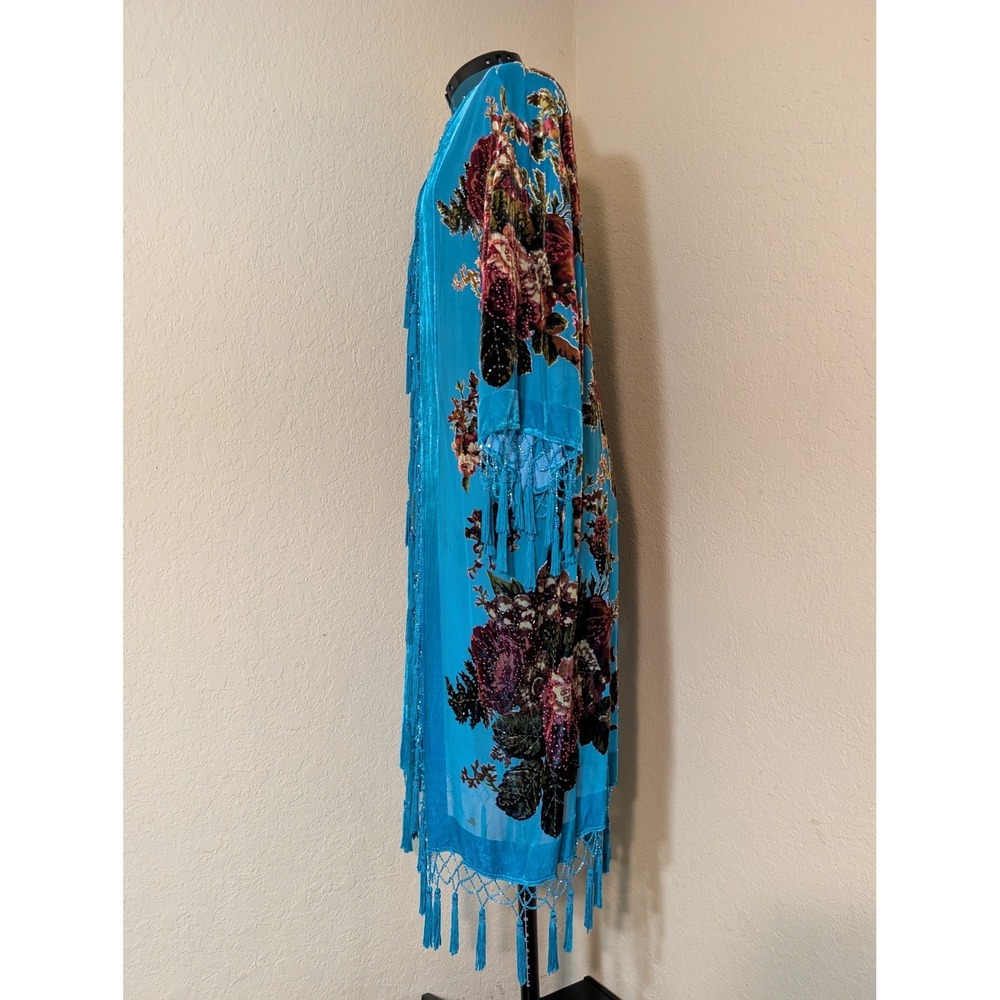 Suzanne Somers Burnout Velvet Beaded Floral Kimono Duster Fringe Turquoise OS - Picture 2 of 6